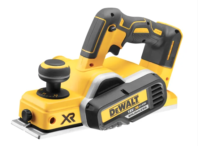 A yellow and black DEWALT power planer with 18V a rebating depth stop, for smoothing and dimensioning timber boards.