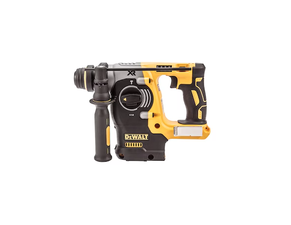 A yellow and black DEWALT cordless SDS-Plus rotary hammer drill with 18V hammer, rotation, and chisel modes, for drilling and chiselling into concrete and masonry.