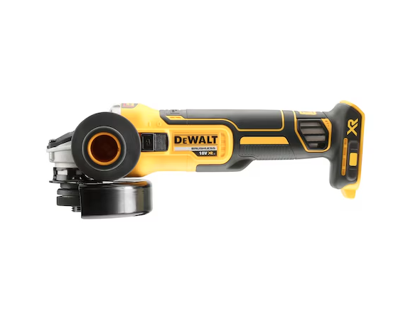 A yellow and black DEWALT cordless angle grinder with a 18V motor, a side handle, and a wheel guard, for grinding, cutting, and surface preparation.