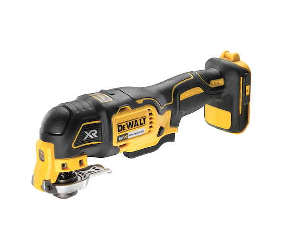 A yellow and black DEWALT cordless multi-tool with 18V oscillating action and a universal blade mount, for sanding, cutting, and scraping.