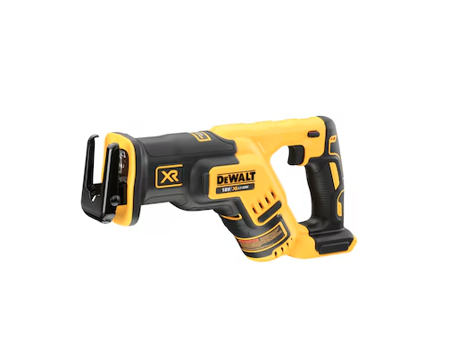 A yellow and black DEWALT cordless reciprocating saw with 18V variable speed and a quick-release blade clamp, for demolition and rough cutting.