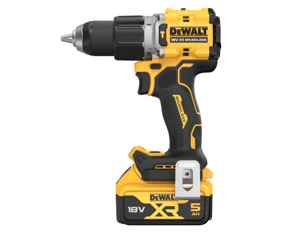 A yellow and black DEWALT cordless combi drill with an 18V motor, a 13mm keyless chuck, and hammer, drill, and screwdriver modes.