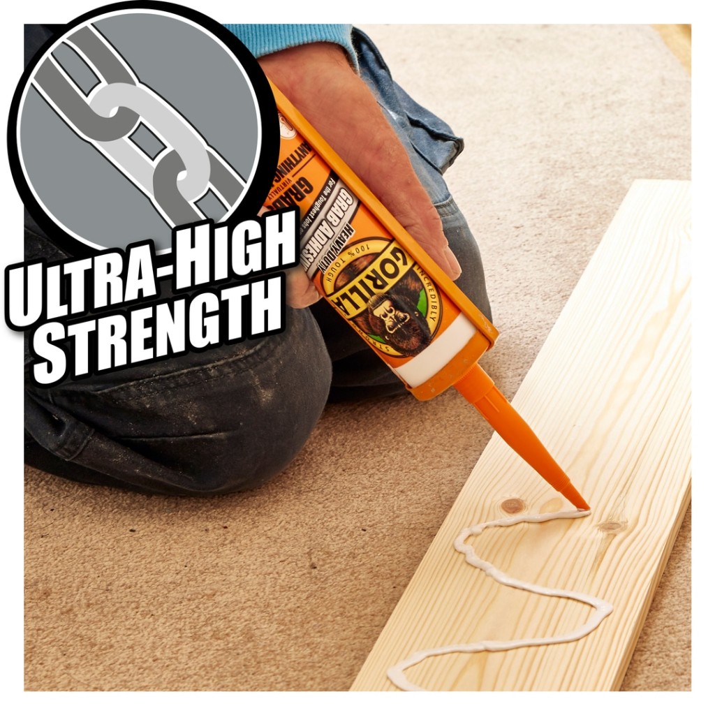 A 290ml cartridge of Gorilla white grab adhesive with a high-initial-bond formula, for instantly fixing panels, skirtings, and architraves.
