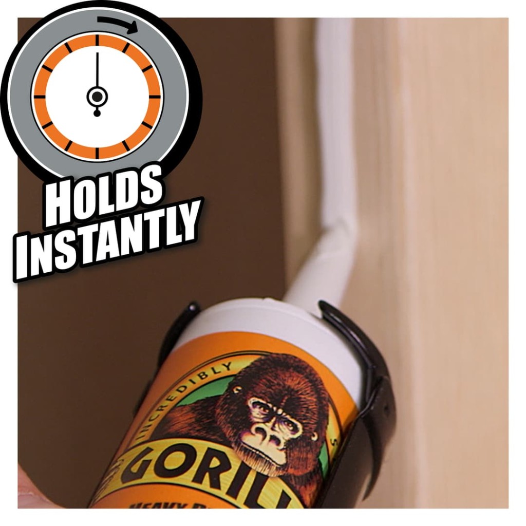 A 290ml cartridge of Gorilla white grab adhesive with a high-initial-bond formula, for instantly fixing panels, skirtings, and architraves.