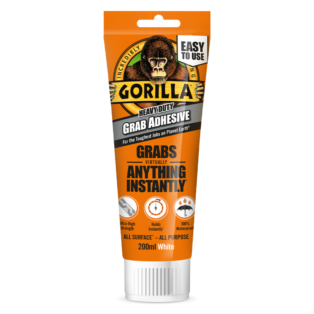 A 200ml cartridge of Gorilla white grab adhesive with a high-initial-bond formula, for instantly fixing panels, skirtings, and architraves.