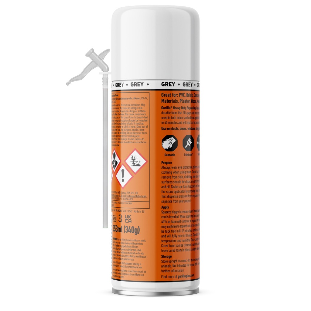 A 353ml can of Gorilla expanding polyurethane foam sealant with a trigger or straw nozzle, for filling gaps and insulating cavities.