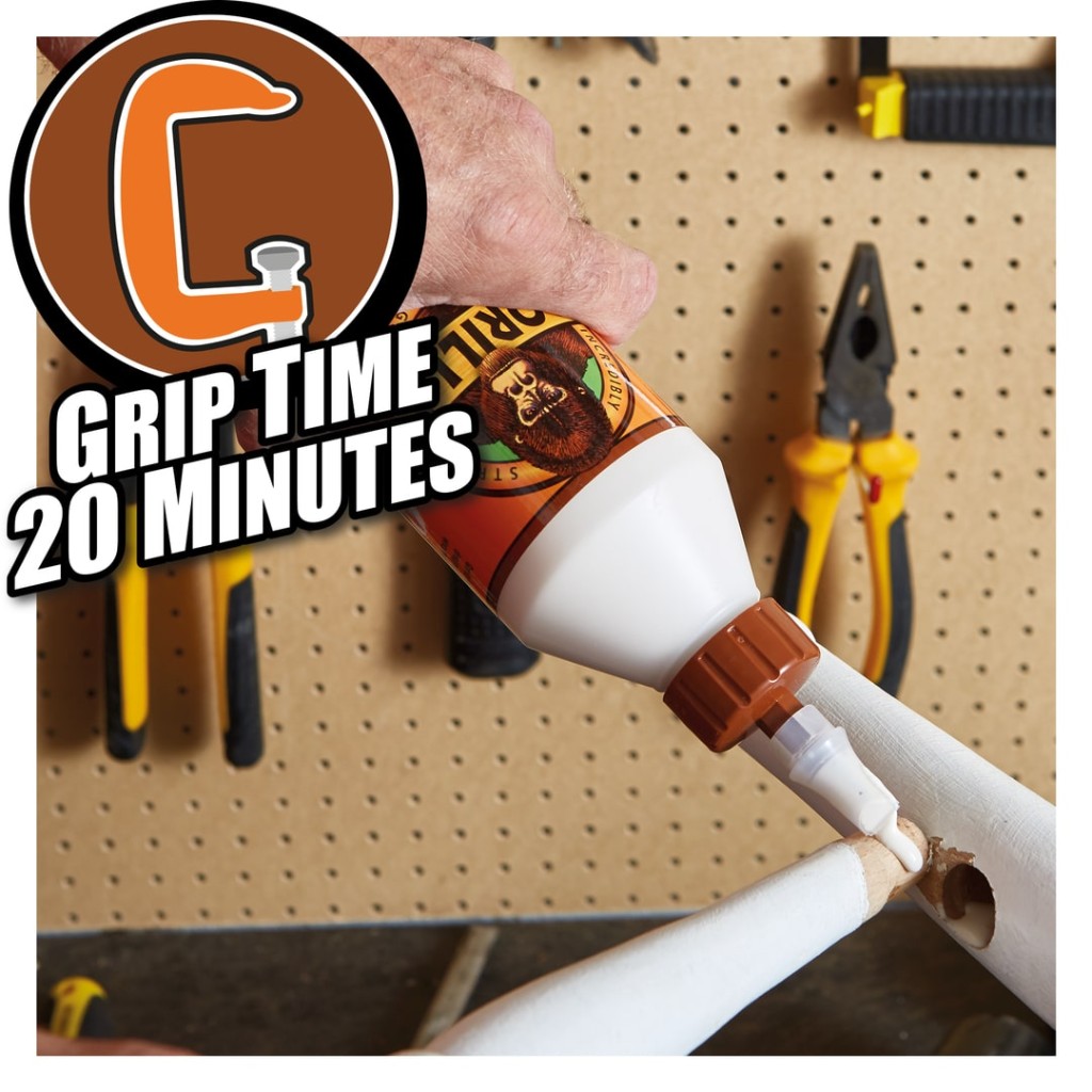 A 118ml bottle of Gorilla PVA wood adhesive with a flip-top nozzle, for bonding timber joints and priming porous surfaces.