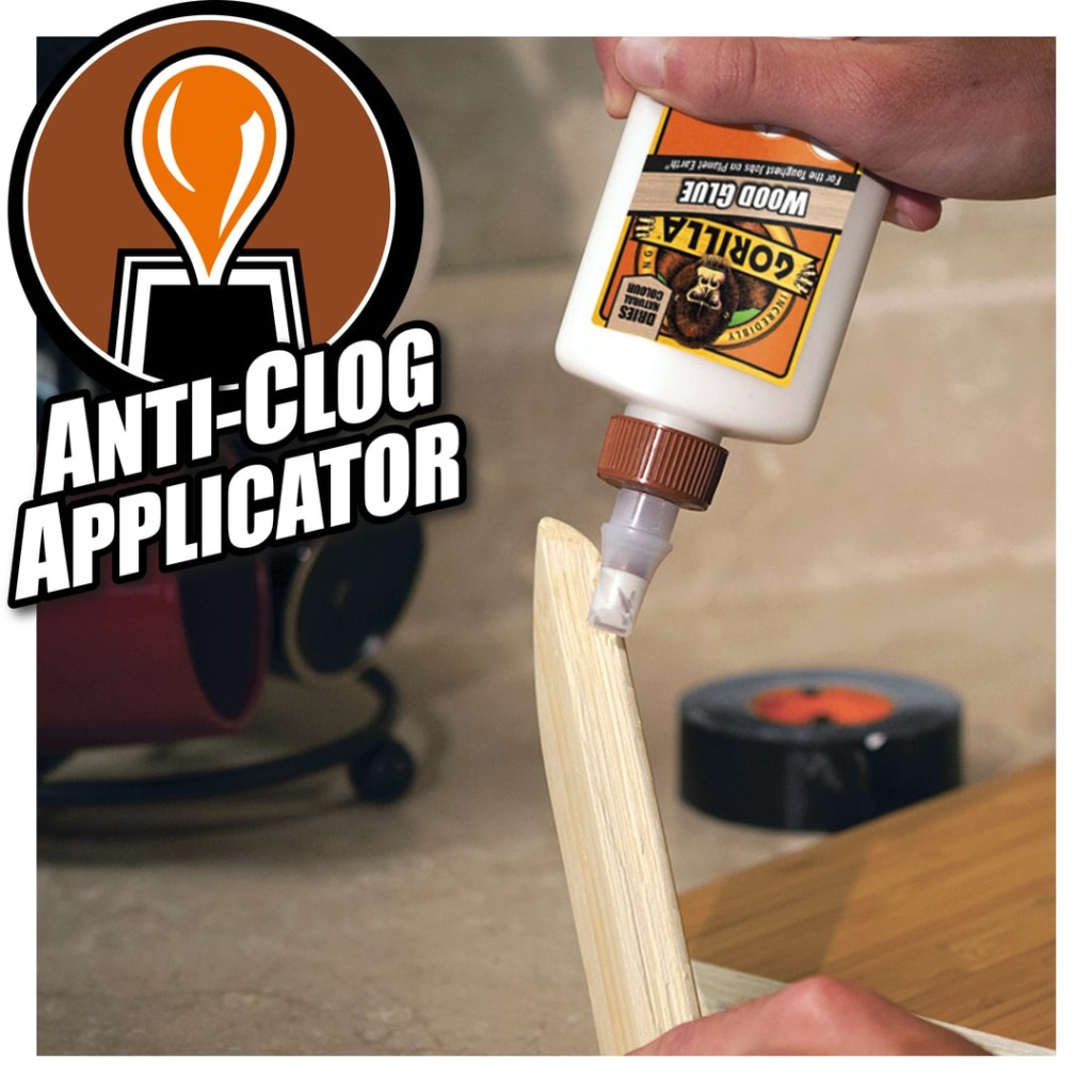 A 236ml bottle of Gorilla PVA wood adhesive with a flip-top nozzle, for bonding timber joints and priming porous surfaces.