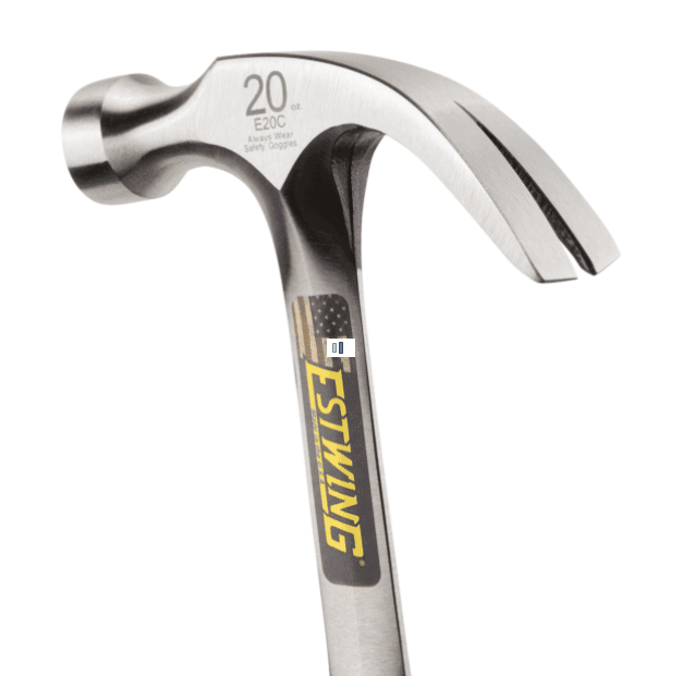 A claw hammer with a steel-handled handle and a polished steel head featuring a curved claw for nail removal and a flat striking face.,