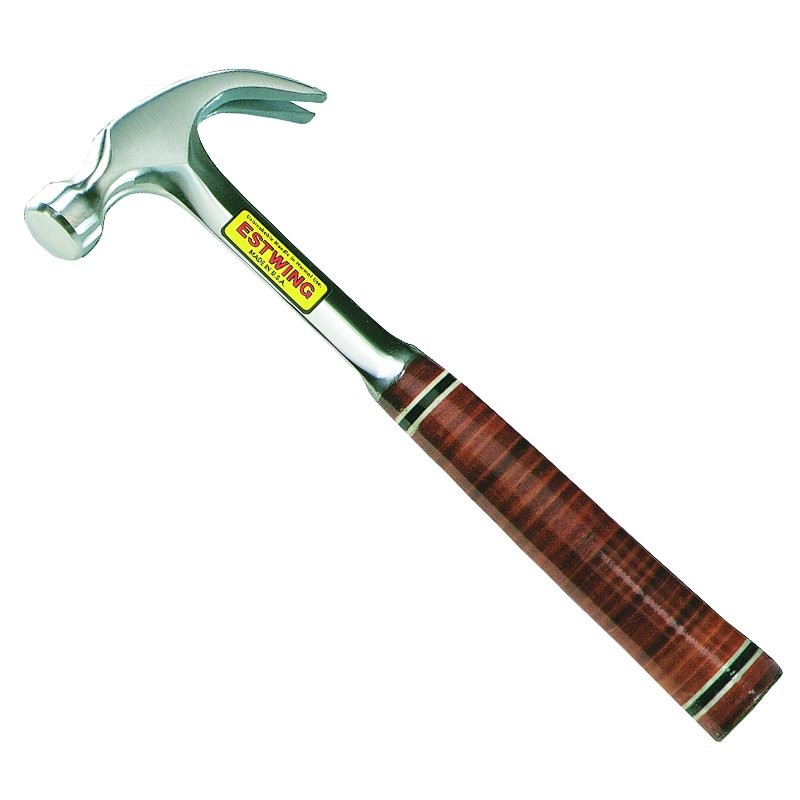 A claw hammer with a steel-handled handle and a polished steel head featuring a curved claw for nail removal and a flat striking face.,