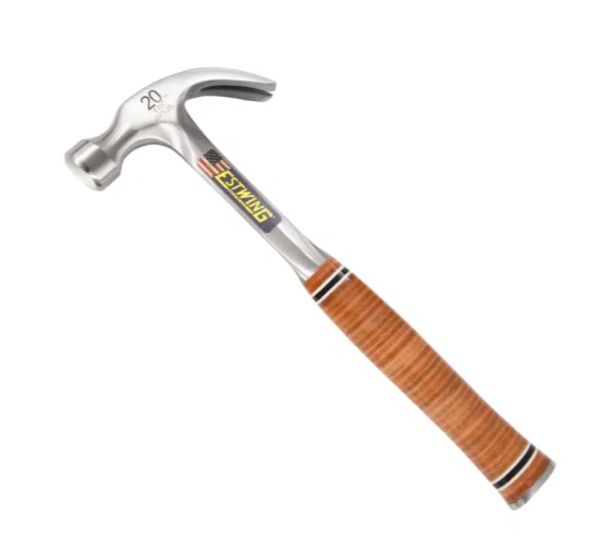 A claw hammer with a steel-handled handle and a polished steel head featuring a curved claw for nail removal and a flat striking face.,