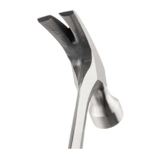 A claw hammer with a steel-handled handle and a polished steel head featuring a straight claw for nail removal and a flat striking face.,
