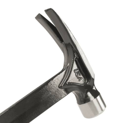 A framing hammer with a waffle-textured steel head, a straight rip claw, and a long steel-handled handle, designed for heavy-duty structural carpentry.