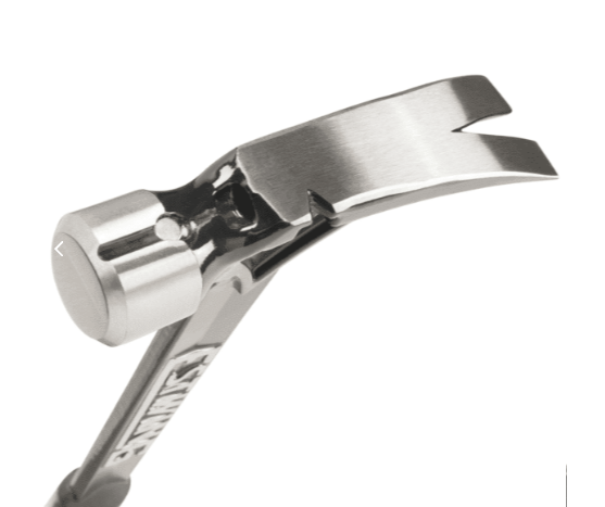 A framing hammer with a waffle-textured steel head, a straight rip claw, and a long steel-handled handle, designed for heavy-duty structural carpentry.