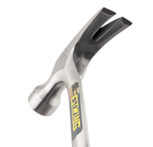 A claw hammer with a steel-handled handle and a polished steel head featuring a straight claw for nail removal and a flat striking face.,