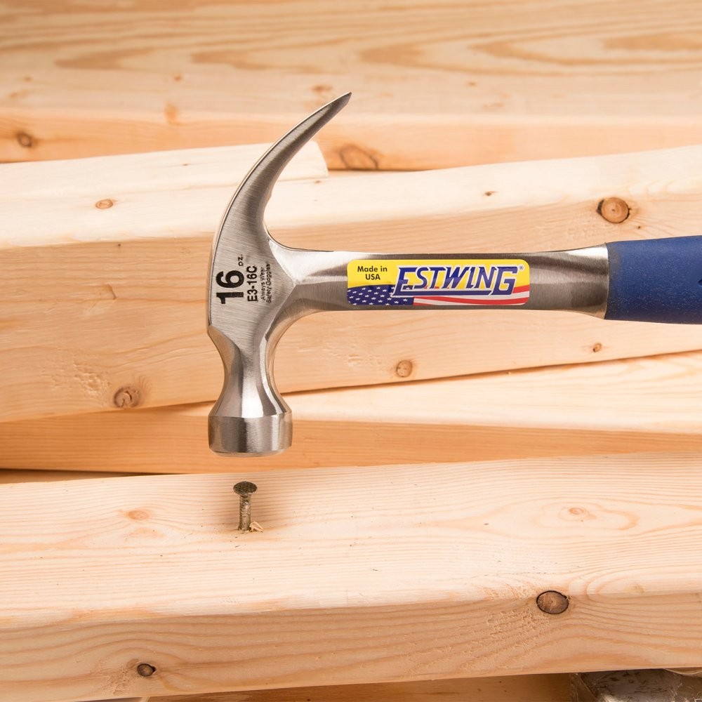 A claw hammer with a steel-handled handle and a polished steel head featuring a curved claw for nail removal and a flat striking face.,