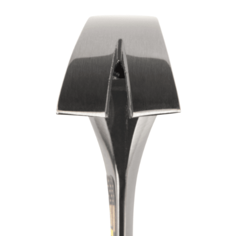 A claw hammer with a steel-handled handle and a polished steel head featuring a straight claw for nail removal and a flat striking face.,