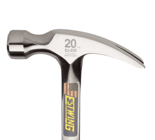 A claw hammer with a steel-handled handle and a polished steel head featuring a straight claw for nail removal and a flat striking face.,