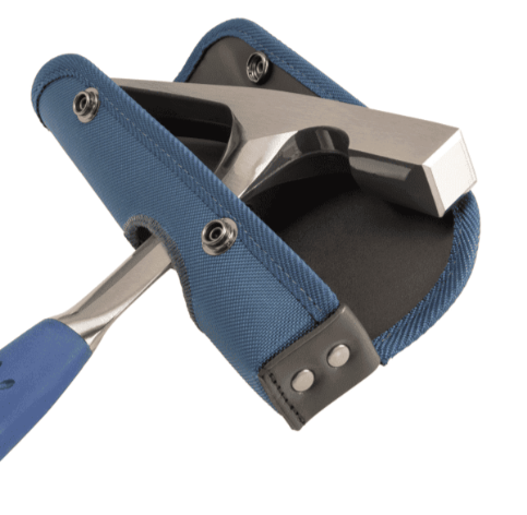 A hammer with a steel head and a steel-handled handle, for general fastening and construction use.