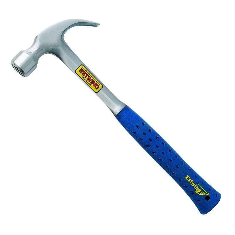 A claw hammer with a steel-handled handle and a polished steel head featuring a curved claw for nail removal and a flat striking face.,