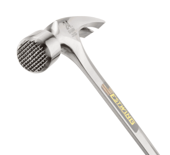 A claw hammer with a steel-handled handle and a polished steel head featuring a curved claw for nail removal and a flat striking face.,