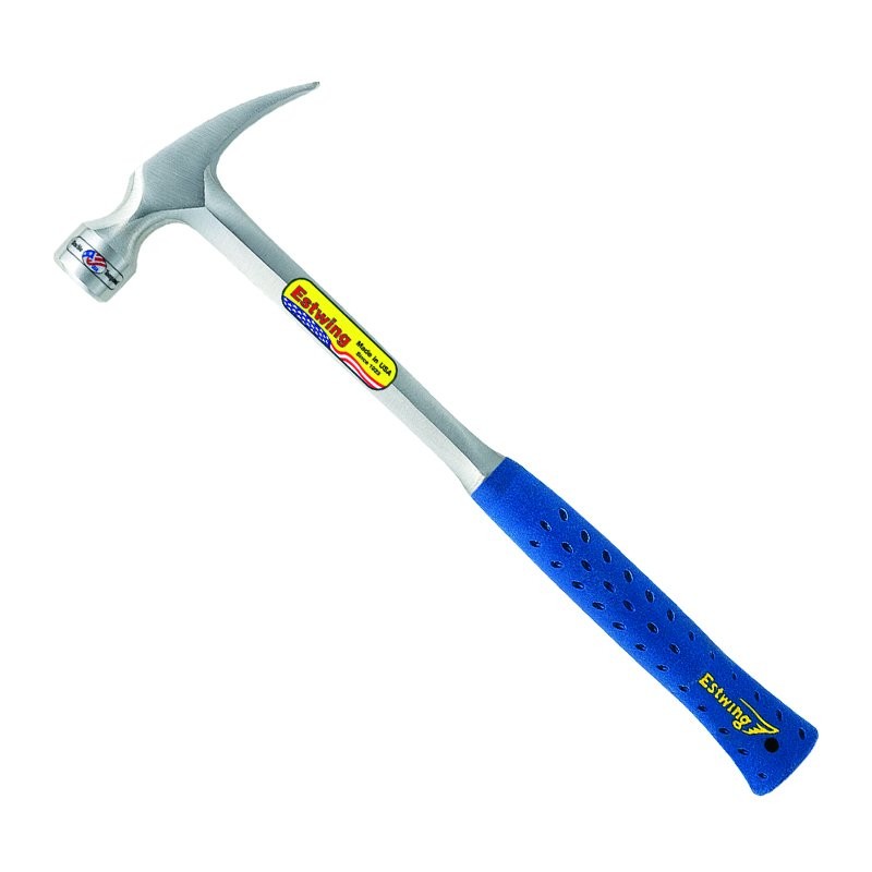A claw hammer with a steel-handled handle and a polished steel head featuring a straight claw for nail removal and a flat striking face.,