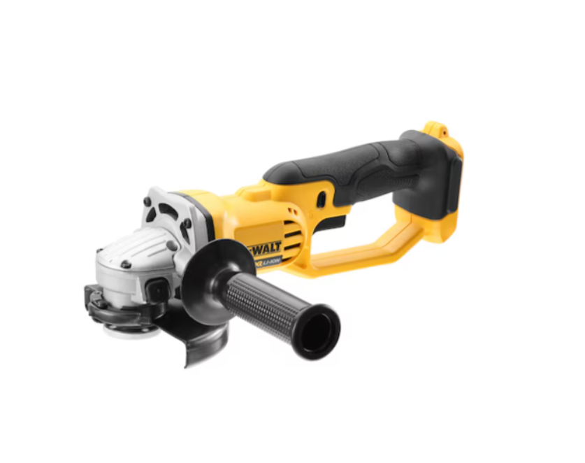 A yellow and black DEWALT cordless angle grinder with a 18V motor, a side handle, and a wheel guard, for grinding, cutting, and surface preparation.
