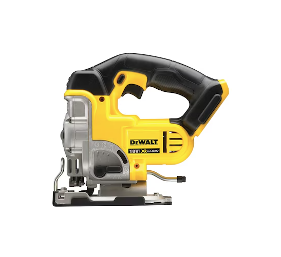 A yellow and black DEWALT cordless jigsaw with 18V orbital action and a variable-speed trigger, for cutting curves and internal shapes.