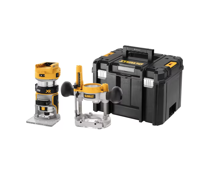 A yellow and black DEWALT plunge router with a fine depth adjuster and a guide fence, for cutting grooves, rebates, and profiles in timber.