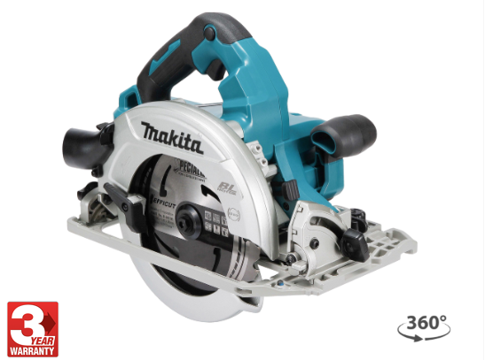 A teal and black Makita cordless circular saw with a 18V motor, an adjustable bevel plate, and a blade guard, for ripping and cross-cutting timber.