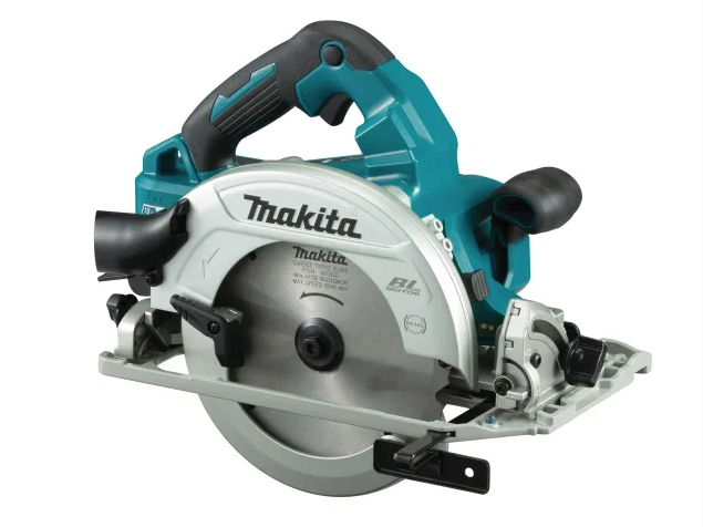 A teal and black Makita cordless circular saw with a 18V motor, an adjustable bevel plate, and a blade guard, for ripping and cross-cutting timber.