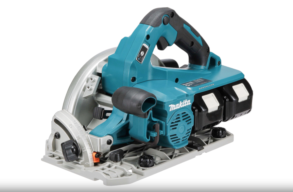 A teal and black Makita cordless circular saw with a 18V motor, an adjustable bevel plate, and a blade guard, for ripping and cross-cutting timber.