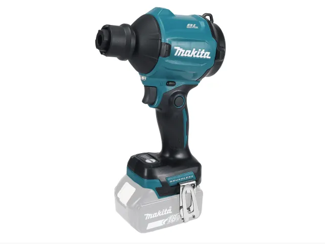 A teal and black Makita cordless leaf blower with 18V variable airflow control and a concentrator nozzle.,