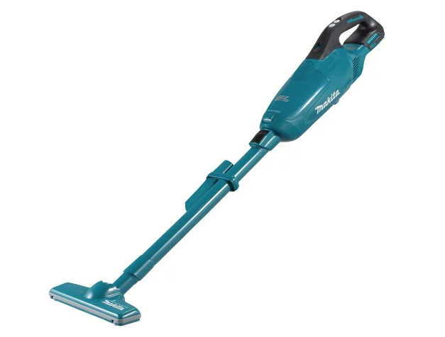 A teal and black Makita cordless leaf blower with 18V variable airflow control and a concentrator nozzle.,