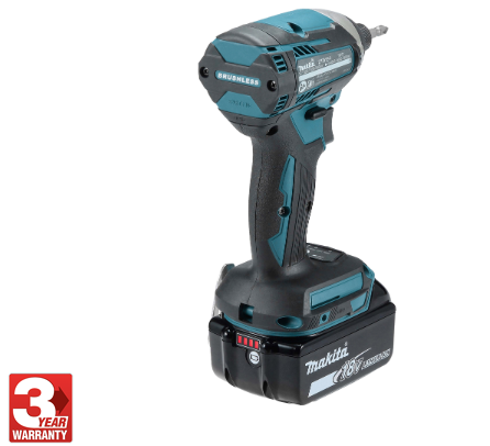 A teal and black Makita cordless impact driver with a hex-chuck, and variable speed, for high-torque screw driving and fastening.