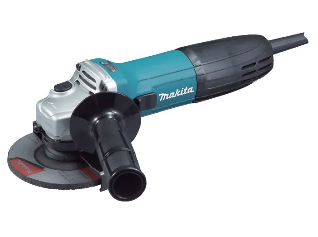 A teal and black Makita corded angle grinder with a 110V motor, a side handle, and a wheel guard, for grinding, cutting, and surface preparation.