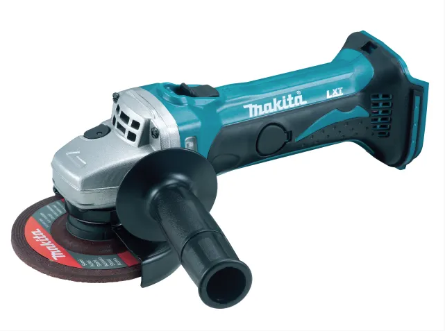 A teal and black Makita cordless angle grinder with a 18V motor, a side handle, and a wheel guard, for grinding, cutting, and surface preparation.