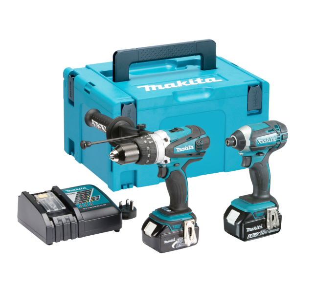 A teal and black Makita cordless combi drill with an 18V motor, a 13mm keyless chuck, and hammer, drill, and screwdriver modes.