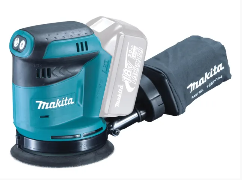 A teal and black Makita cordless orbital sander with a 18V motor and a dust extraction bag, for surface preparation and finishing work.