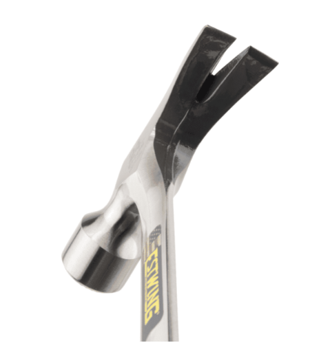 A claw hammer with a steel-handled handle and a polished steel head featuring a straight claw for nail removal and a flat striking face.,