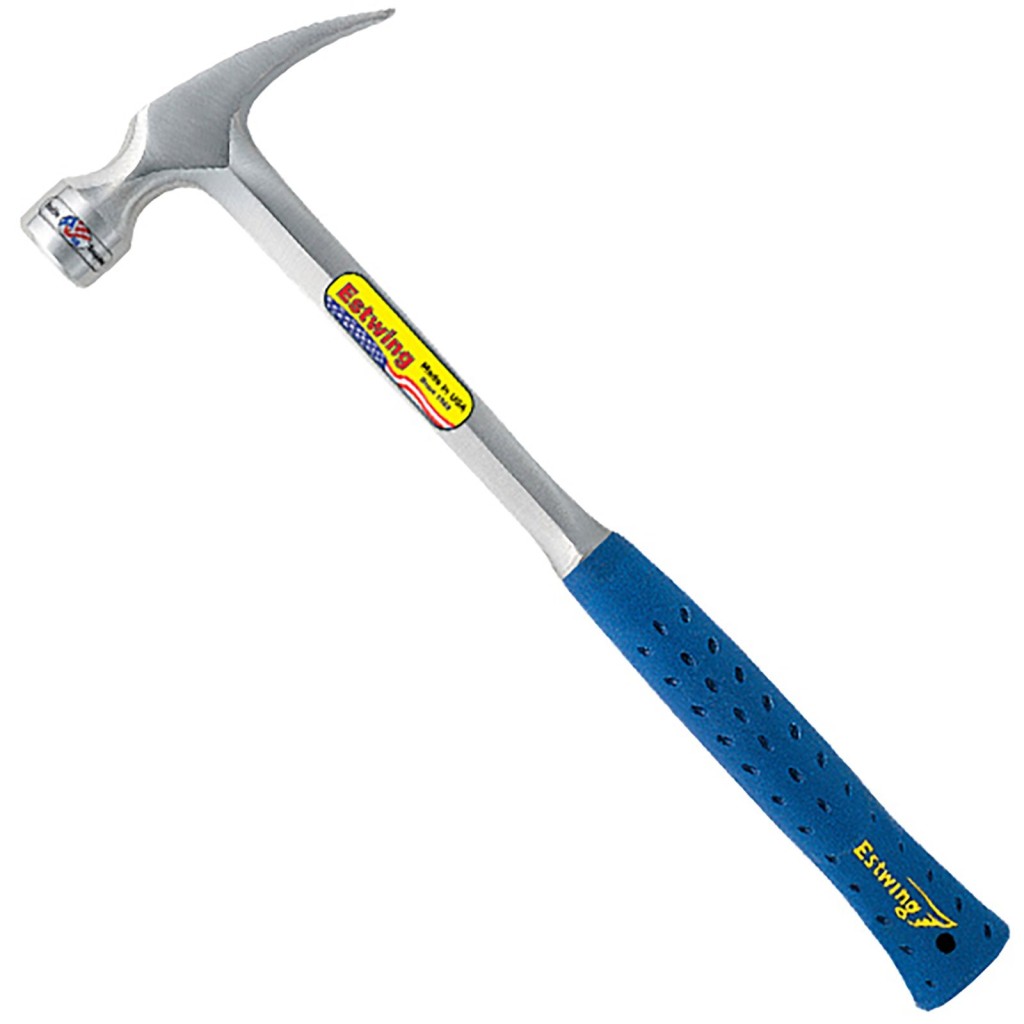 A claw hammer with a steel-handled handle and a polished steel head featuring a straight claw for nail removal and a flat striking face.,