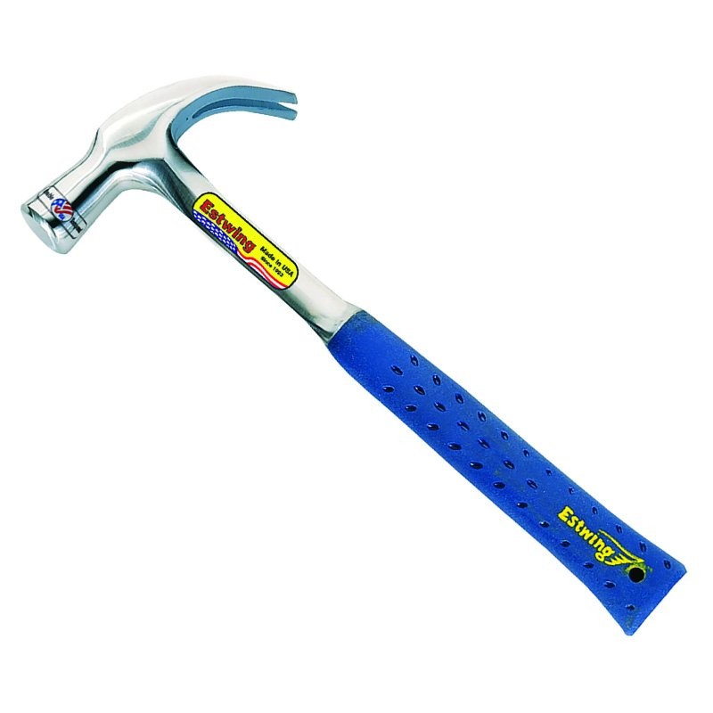 A claw hammer with a steel-handled handle and a polished steel head featuring a curved claw for nail removal and a flat striking face.,