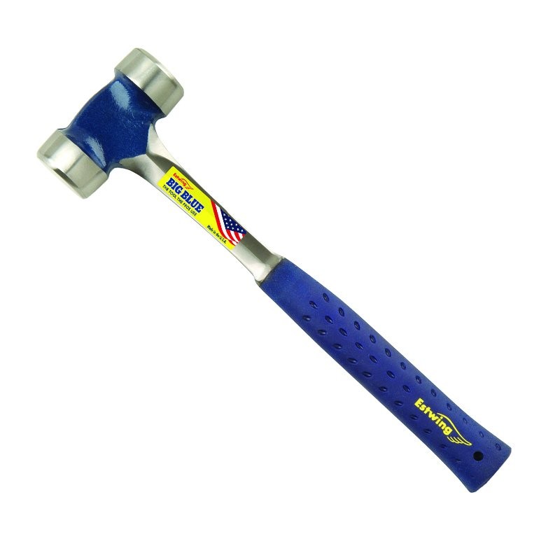 A hammer with a steel head and a steel-handled handle, for general fastening and construction use.