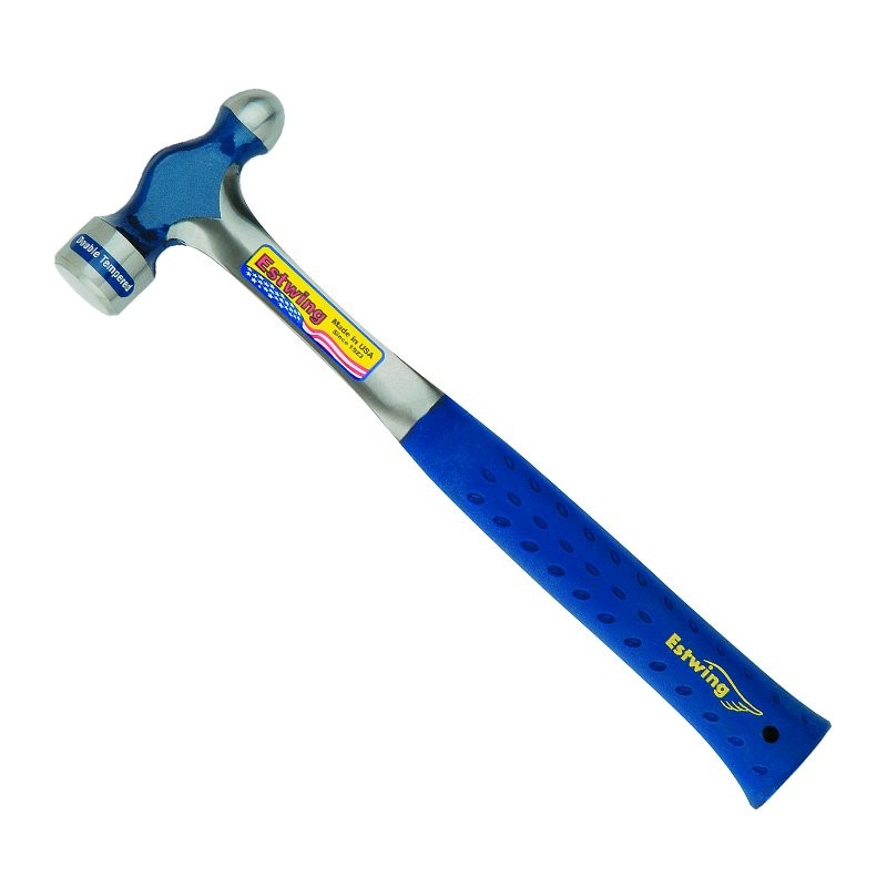 A ball pein hammer with a flat striking face and a hemispherical pein, used in metalworking for riveting and shaping.