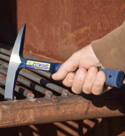 A hammer with a steel head and a steel-handled handle, for general fastening and construction use.