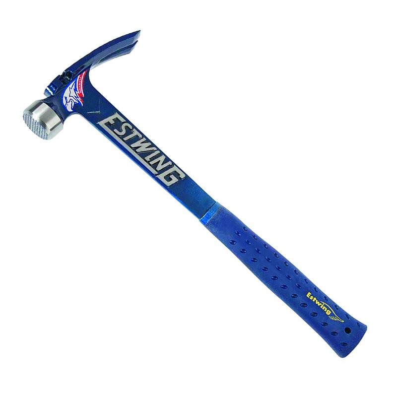A framing hammer with a waffle-textured steel head, a straight rip claw, and a long steel-handled handle, designed for heavy-duty structural carpentry.