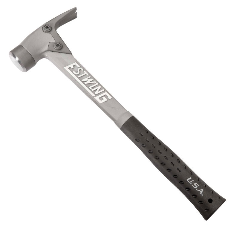 A hammer with a steel head and a steel-handled handle, for general fastening and construction use.