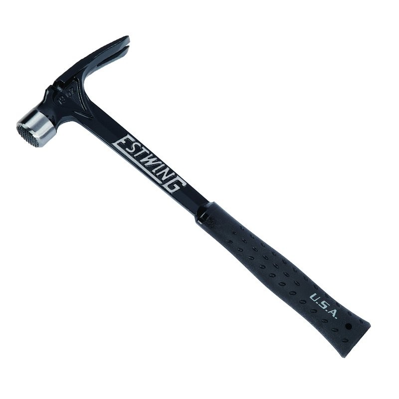 A framing hammer with a waffle-textured steel head, a straight rip claw, and a long steel-handled handle, designed for heavy-duty structural carpentry.