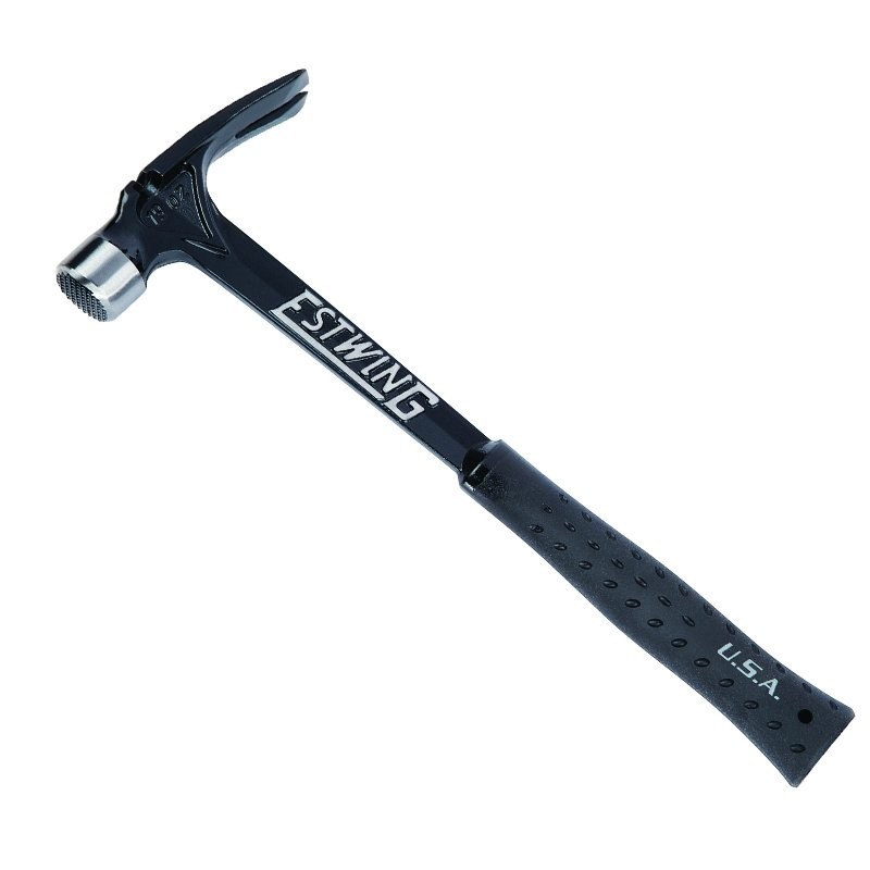 A framing hammer with a waffle-textured steel head, a straight rip claw, and a long steel-handled handle, designed for heavy-duty structural carpentry.