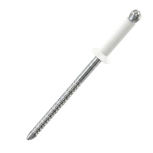 A close up image of a painted CHROMAFIX Countersunk Blind Rivet in the colour RAL 9010 Pure White,